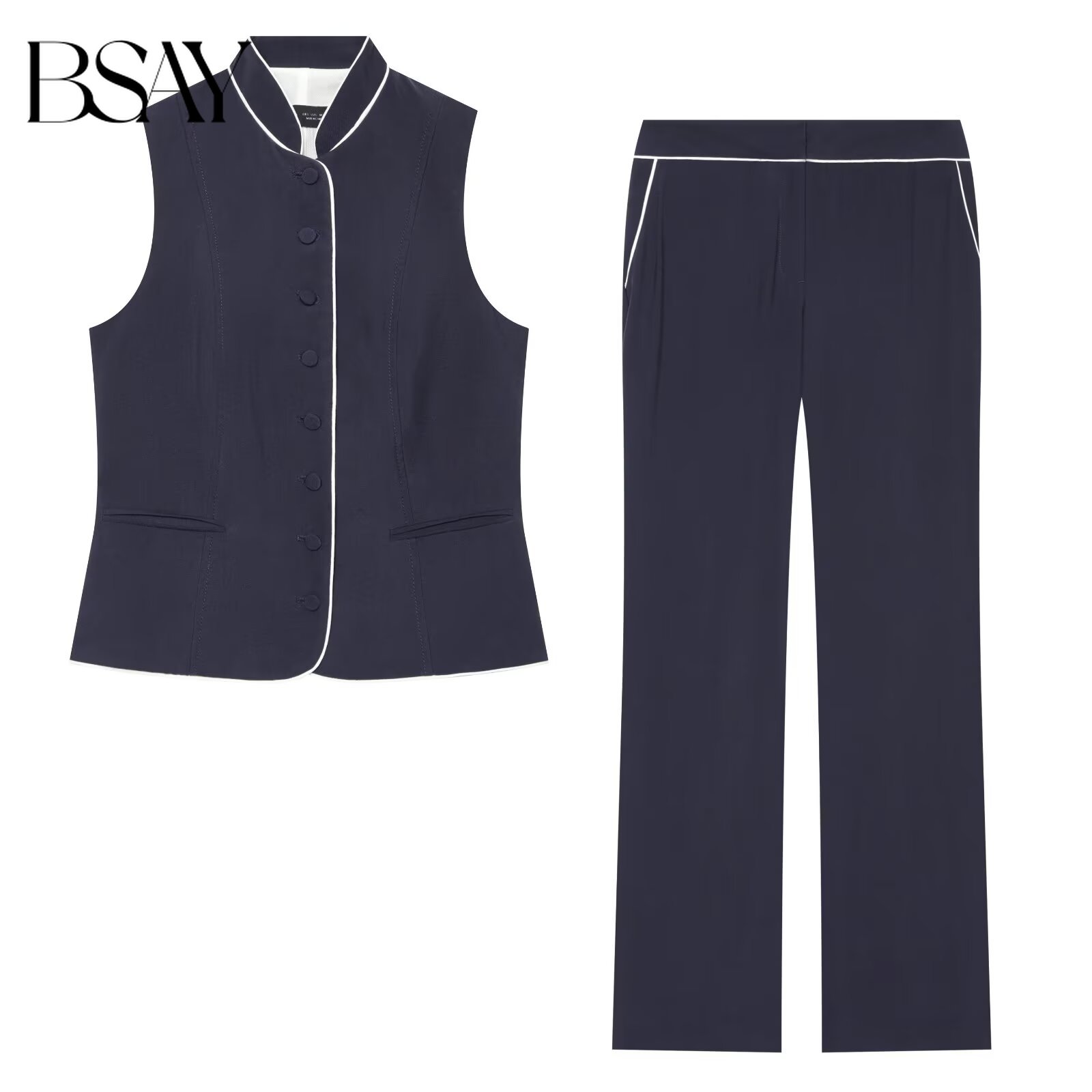 Sewing Vest - BSAY 여성용 대비색 스탠드 칼라 민소매