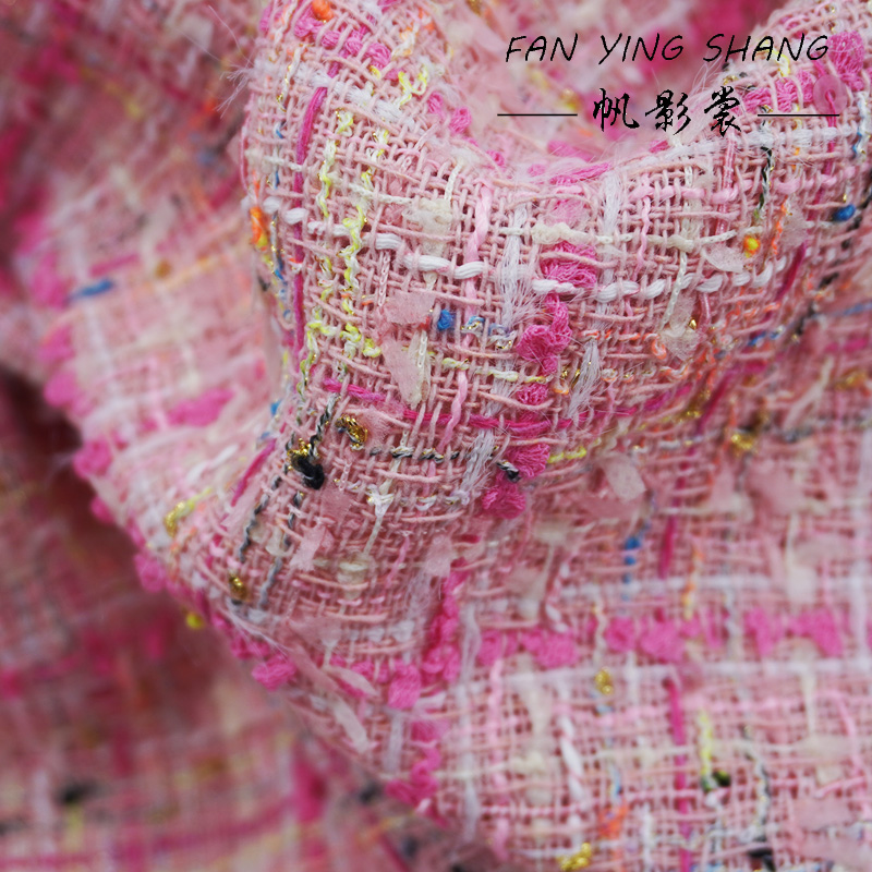 Sewing Tweed - 핑크 체크 무늬 태슬 코튼 트위드