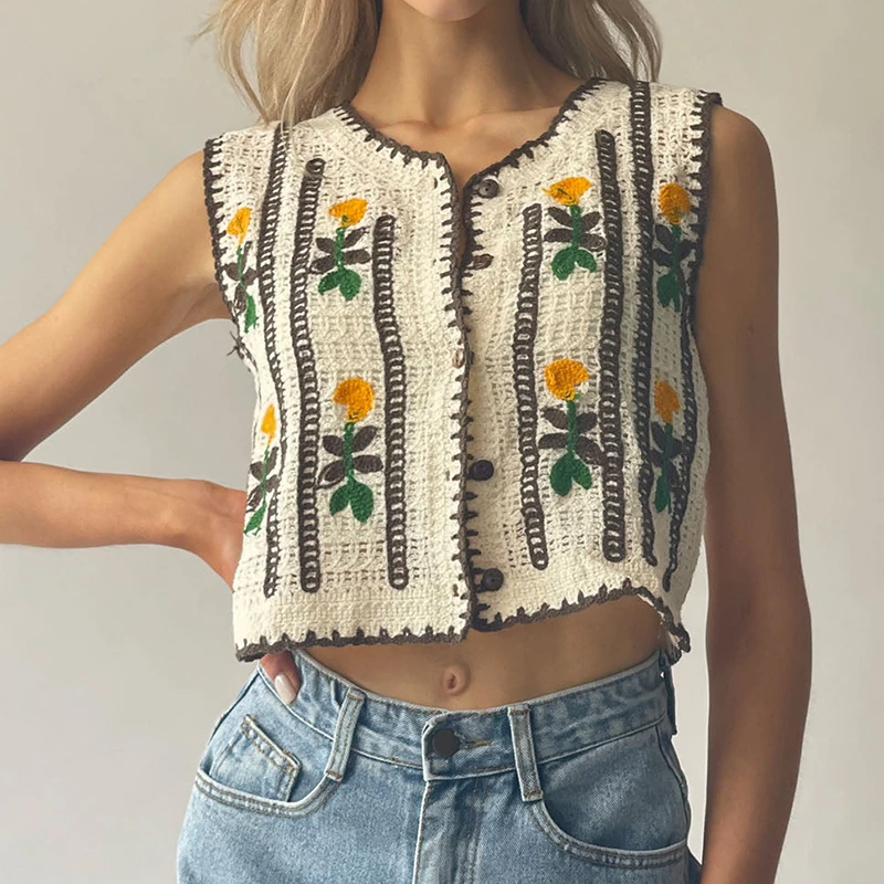 Sewing Vest - 여성용 꽃무늬 자수 크로셰 스웨터 베스트