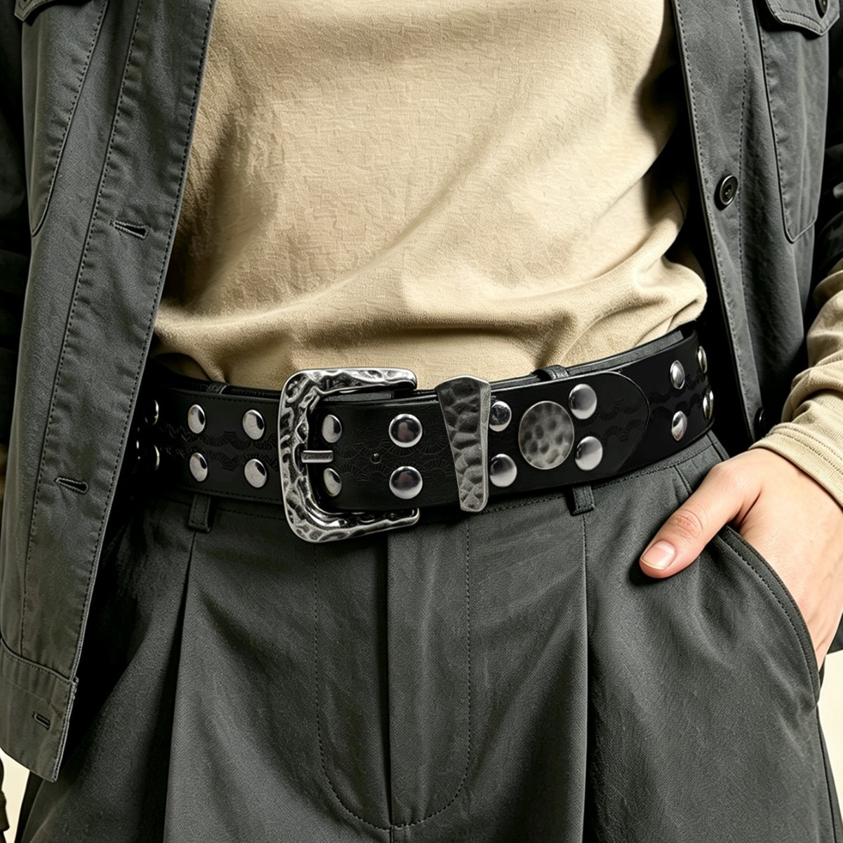 헤비 인더스트리 햄머 패턴 니들 버클 리벳 벨트 팬 모 - Leather Needle Heavy 리뷰 및 가격