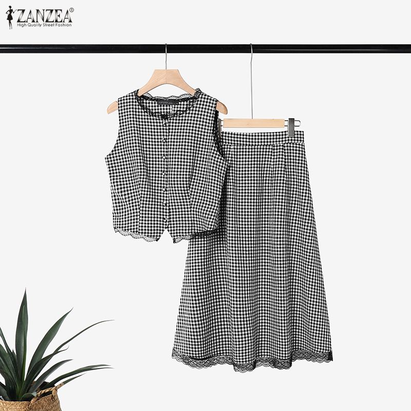 우아한 여성 2 조각 세트 ZANZEA 여름 민소매 격 - Sewing Vest 리뷰 및 가격