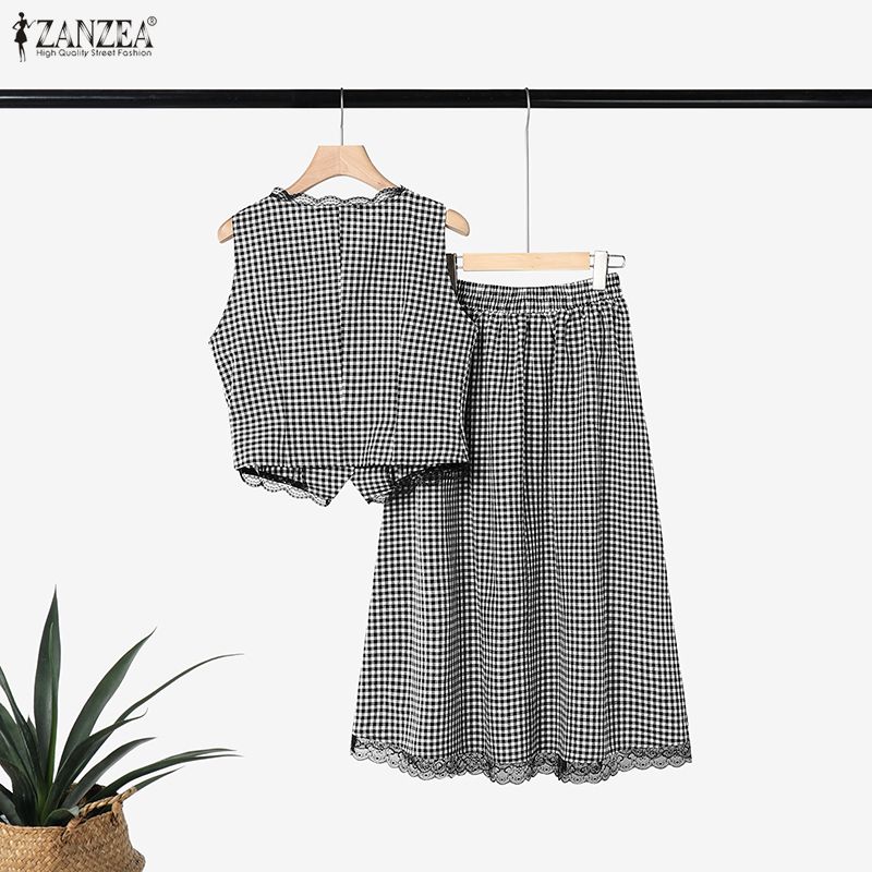 우아한 여성 2 조각 세트 ZANZEA 여름 민소매 격 - Sewing Vest 리뷰 및 가격